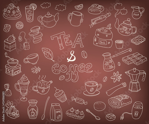 Big vector collection of doodle tae and coffee. Equipment and de