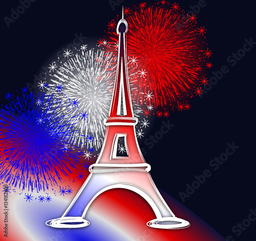 tour Eiffel Paris feu d'artifice bleu blanc rouge France