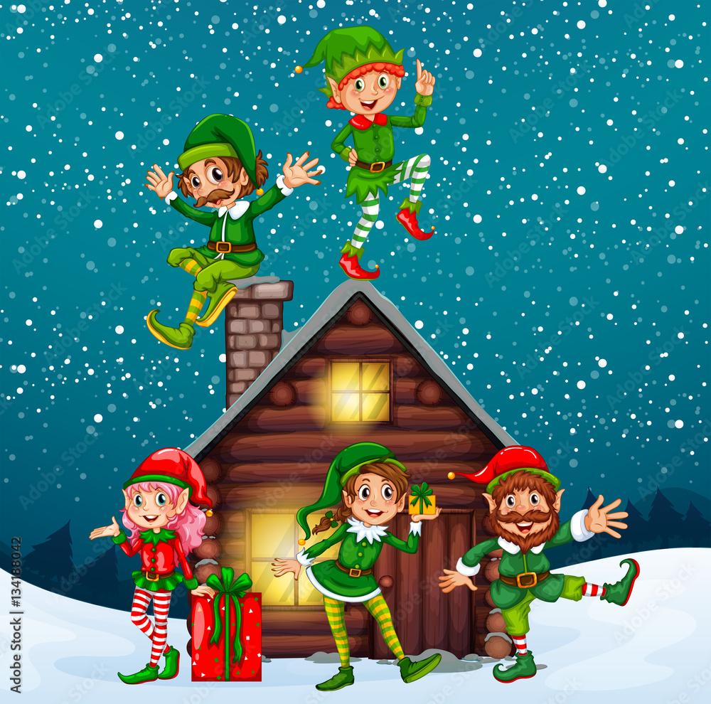 Naklejka premium Five elves at the wood cabin on christmas night