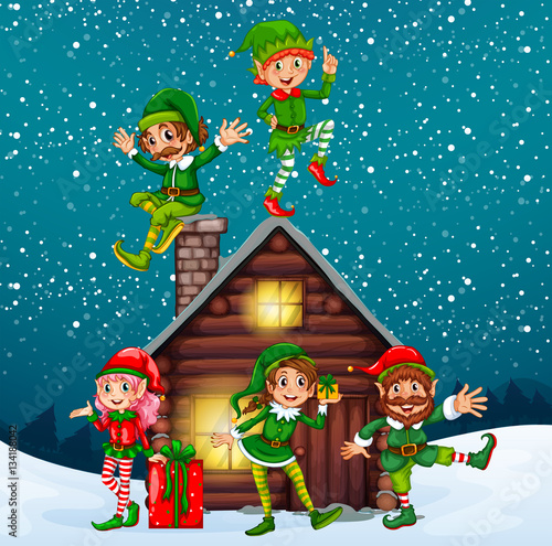 Five elves at the wood cabin on christmas night