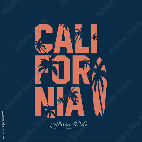 California beach Typography Graphics. Palms and surfboard. T-shirt Printing Design for sportswear apparel. Vector illustration of a surfing in California. Sports wear print design