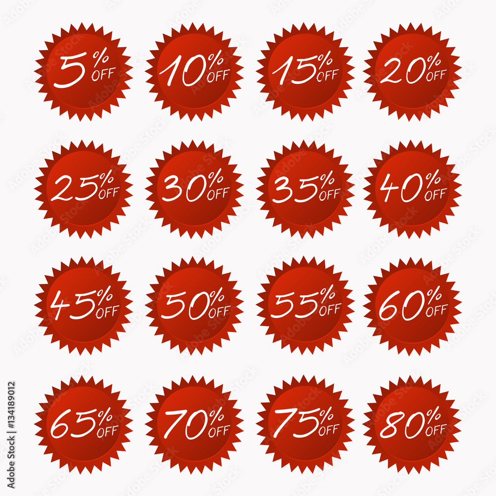 Red discount stickers set. From 5 to 80 percent of discount label tag isolated on white background. You can simply change color and size Red discount stickers set. From 5 to 80 percent of discount label tag isolated on white background. You can simply change color and size