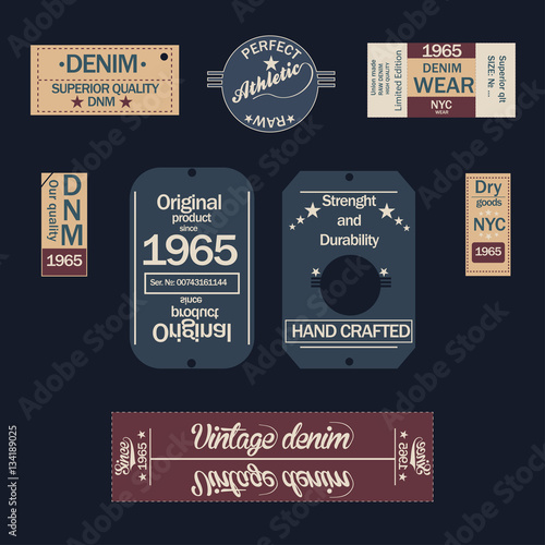 Set of denim labels. Vintage original blue jeans raw denim labels, t-shirt graphics