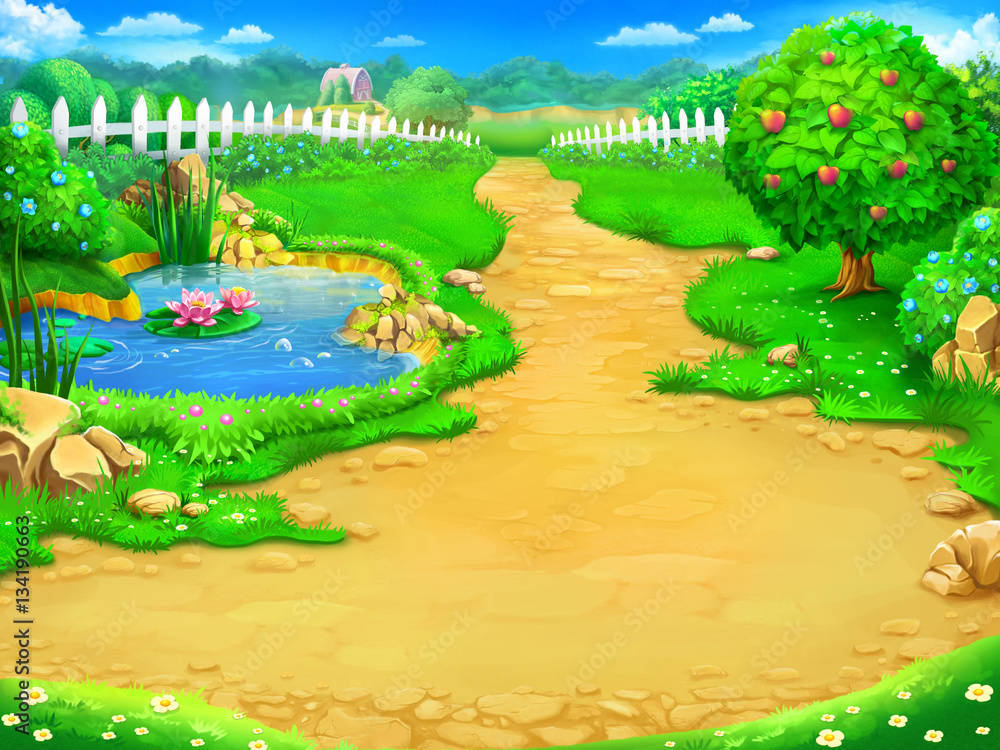 Fairy tale, cartoon background, digital art. Illustration of a fairy garden and lake. Can be used as location for games or illustration for books