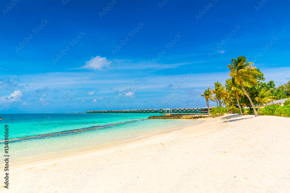 Beautiful tropical Maldives island with white sandy beach and se