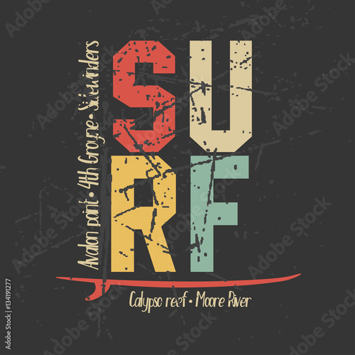 Surfing design graphics for t-shirt, vintage design. Australia surfers wear. Vector illustration