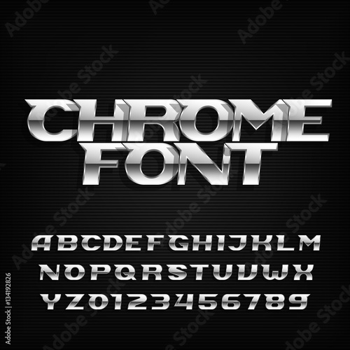 Chrome alphabet font. Metallic effect italic letters and numbers on a dark background. Stock vector typeface for your design.