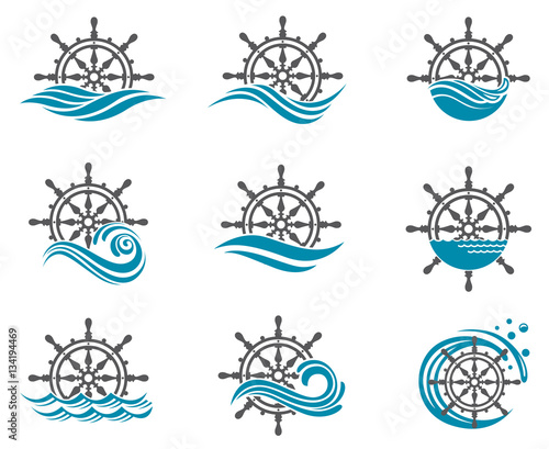collection of yacht helm wheel image with sea waves