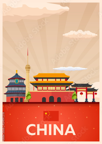 Travel poster to China. Vector flat illustration.