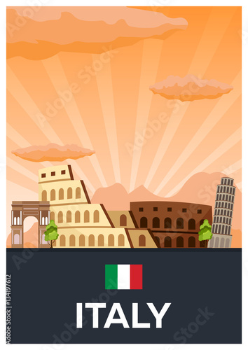 Travel poster to Italy. Vector flat illustration.