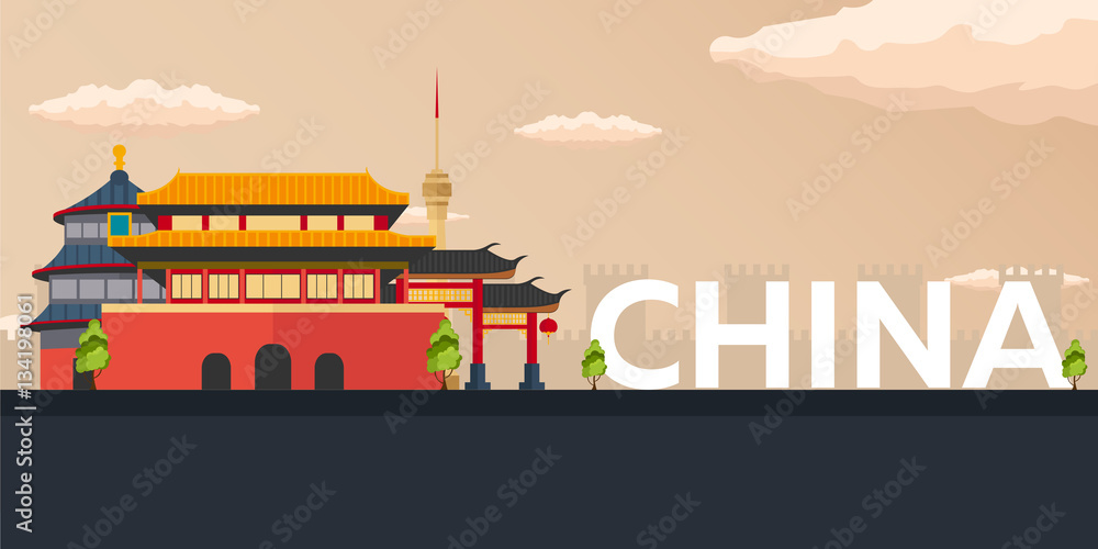 Fototapeta premium Travel banner to China. Vector flat illustration.