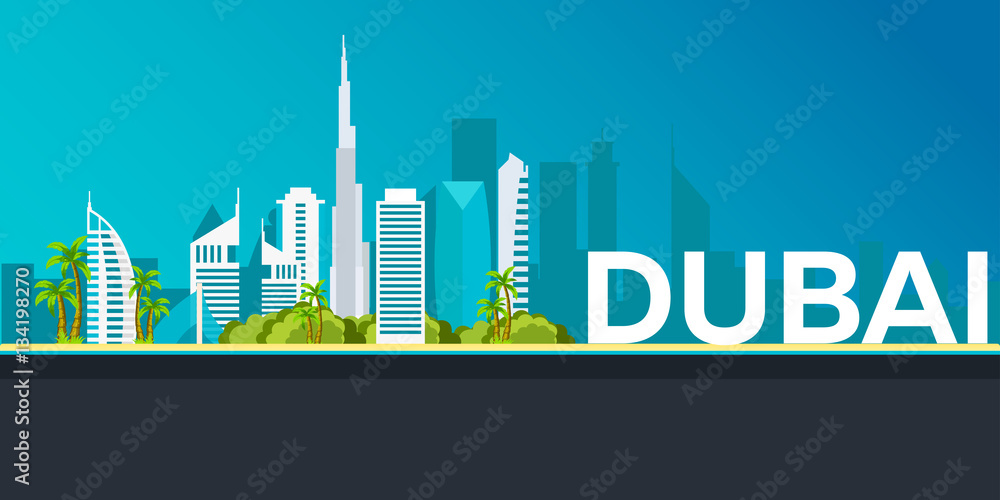 Travel banner to Dubai. Vector flat illustration.