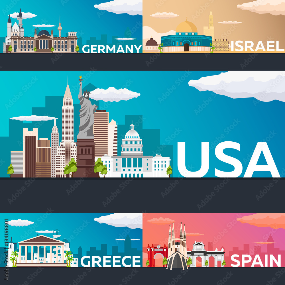 Big Collection of Travel banners to country. Vecor Flat illustration.