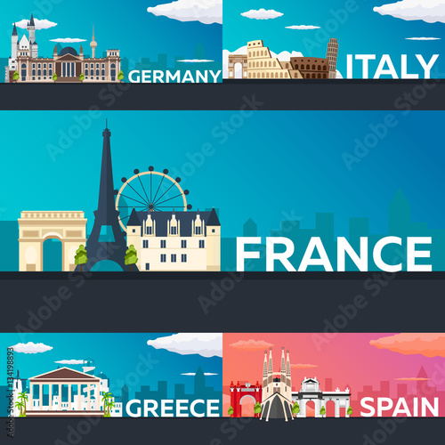 Big Collection of Travel banners to the Europe. Schengen. Vecor Flat illustration.