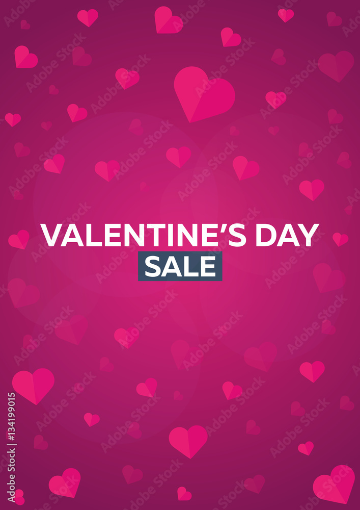 Poster Valentines Day Sale. Background with hearts. Vector flat illustration.