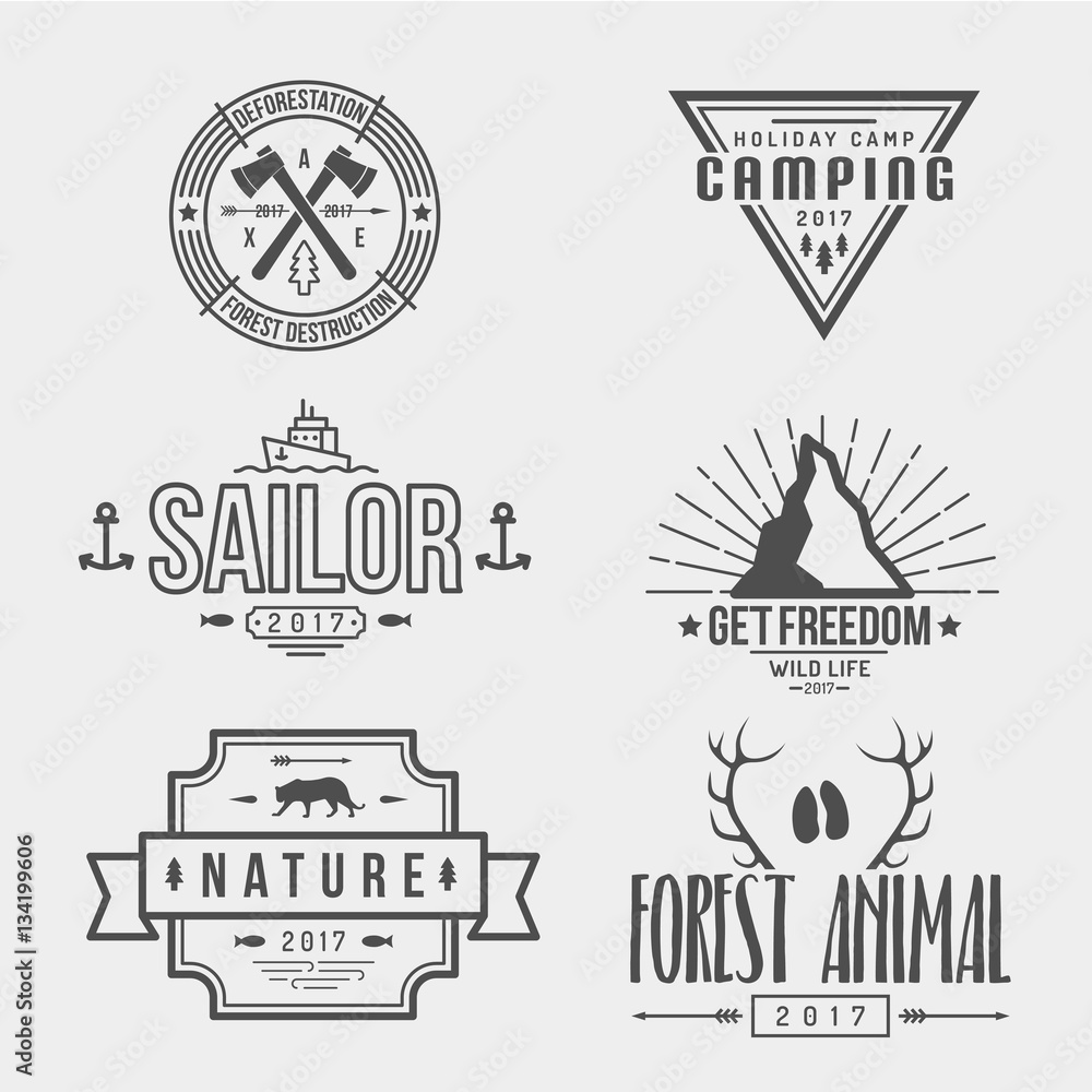 Set of vintage emblem. Axe, mountain, horns.