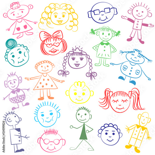 Set of Colorful Cute Kids. Funny Children Drawings. Sketch style. Vector illustration.
