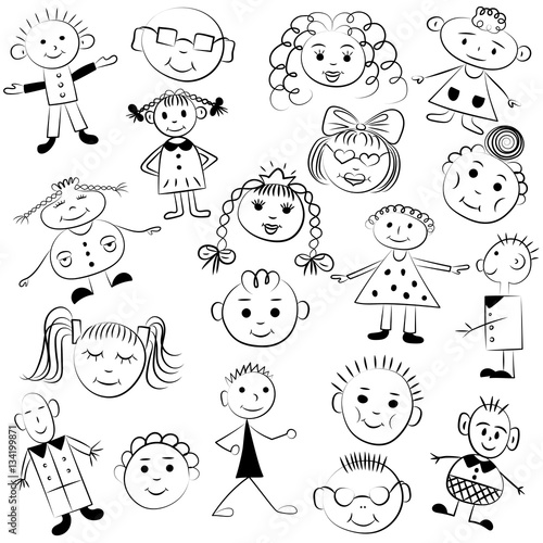 Set of cute kids. Funny children drawings. Sketch style. Vector illustration.