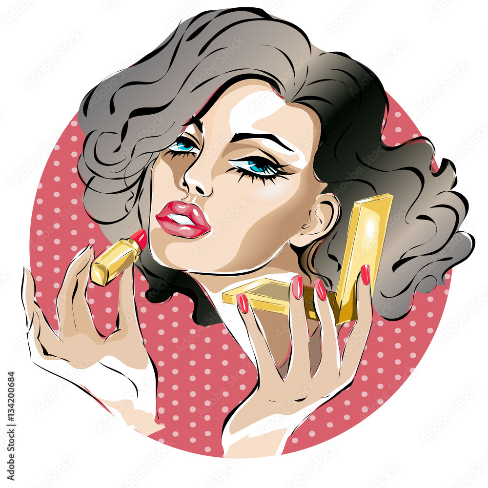 Pin-up woman makes makeup, applying red lipstick on lips, pop art style  portrait vector Stock Vector