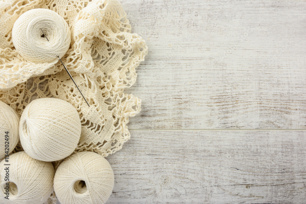 Balls Of Cotton And Crochet Needles On White Background Stock