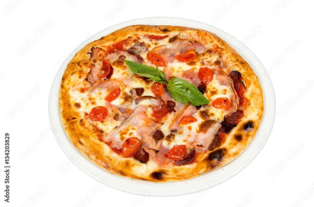 Pizza on a white background with cherry tomatoes, meat and cheese.