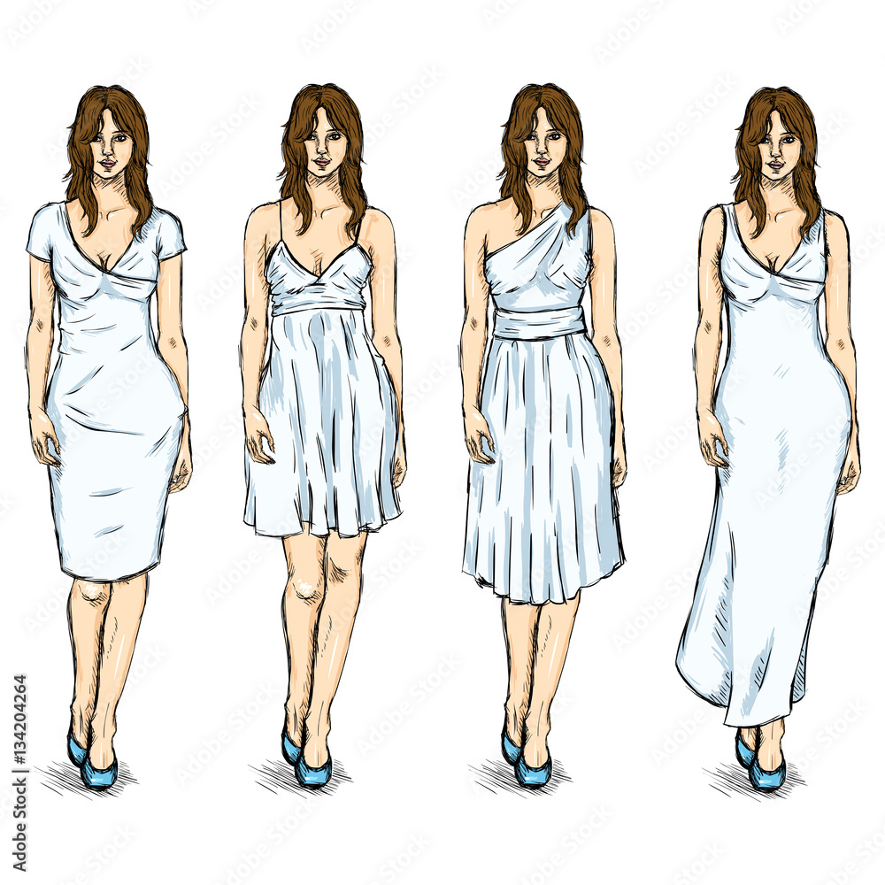 Vector Set of Sketch Female Fashion Models in White Dress Vector Set of Sketch Female Fashion Models in White Dress