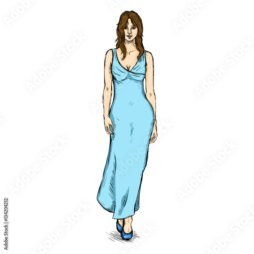 Vector Sketch Fashion Female Model in Dress