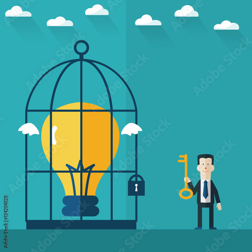 Businessman locks an idea in a cage. Businessman frees an idea from a cage. Idea concept flat design