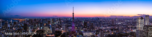 Ultra wide panorama image of Tokyo central are and Tokyo Tower