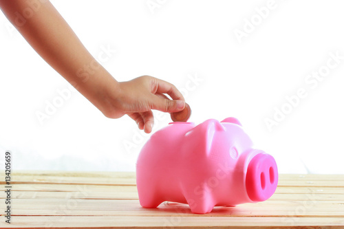 Hand girl coin into piggy pig.