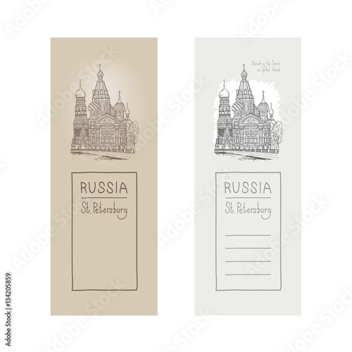 Vector sketch illustration of a design element postcards. Tourist showplace. Sobor Resurrection on Spilled Blood or Church Our Savior in Saint Petersburg, Griboyedov canal, Russia.