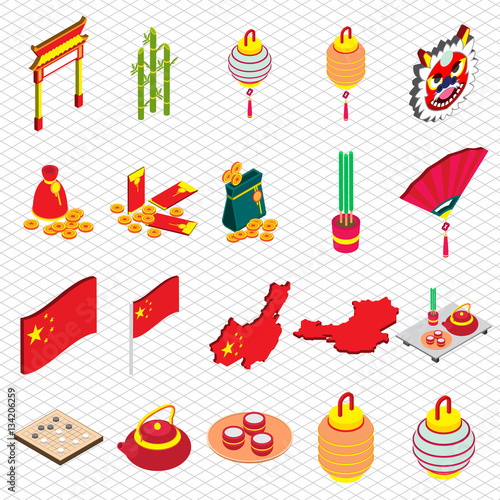 illustration of info graphic chinese object icons set concept in isometric 3d graphic