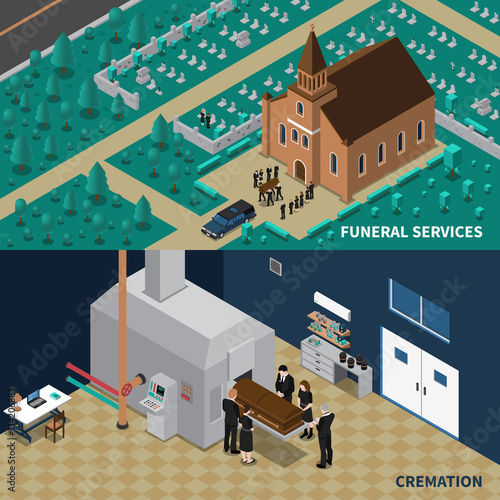 Funeral Services Isometric Banners 