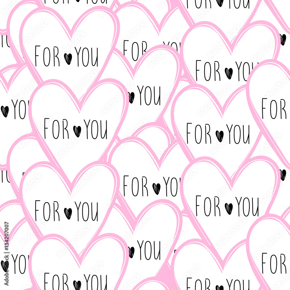 Vector seamless pattern with hearts and inscriptions 