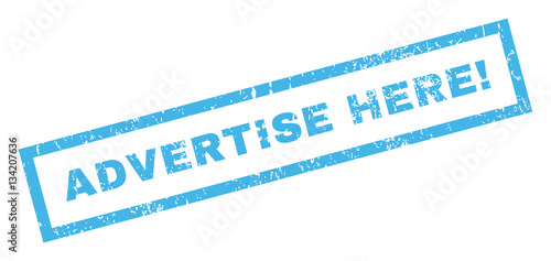 Advertise Here! text rubber seal stamp watermark. Caption inside rectangular shape with grunge design and unclean texture. Inclined vector blue ink sticker on a white background.