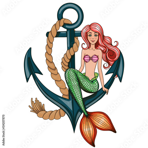 Sweetheart mermaid girl sitting on the anchor.