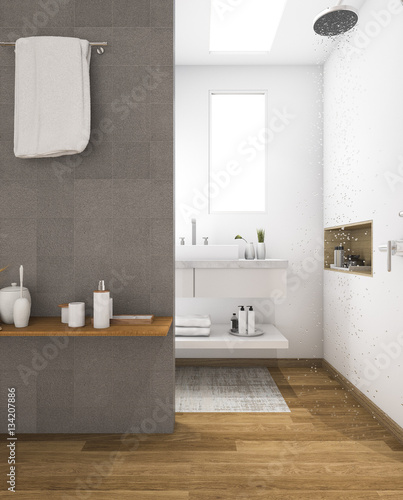 3d rendering minimal shower zone in wood bathroom