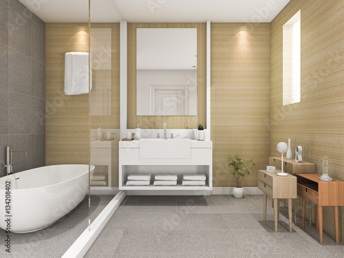 3d rendering beech wood bathroom with light from window