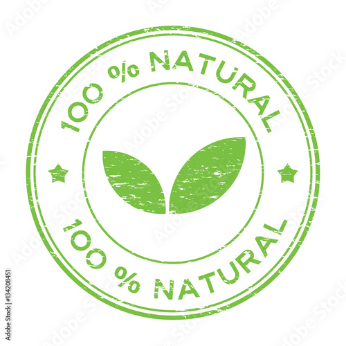 Grunge green 100 percent natural with leaf icon round rubber stamp