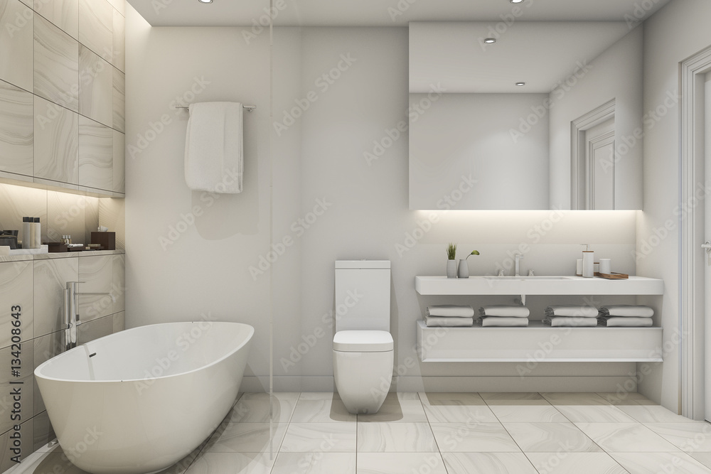 3d rendering white tile marble luxury bathroom 3d rendering white tile marble luxury bathroom
