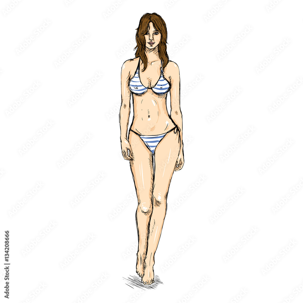 Vector Sketch Fashion Female Model in Bikini