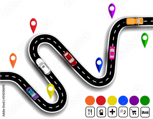 Winding road with signs. The movement of cars. The path specifies the navigator. illustration