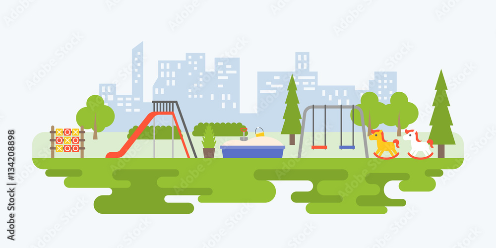 Info graphic and elements of playground equipment for children in urban, flat design vector illustration 