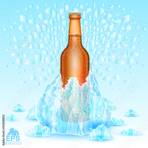 Iceberg explosion from brown bottle of beer on blue background