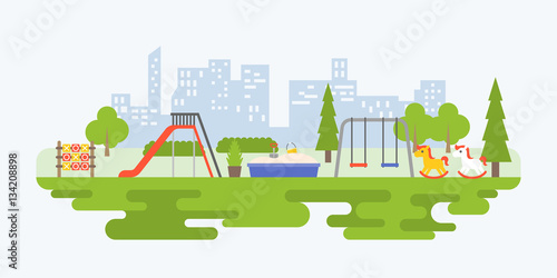Info graphic and elements of playground equipment for children in urban, flat design vector illustration 