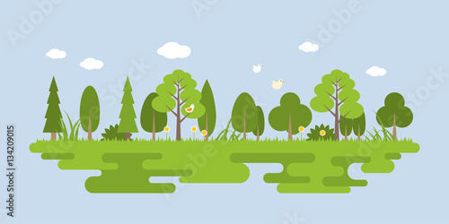Info graphic and elements of natural forest landscapes, flat design vector illustration 