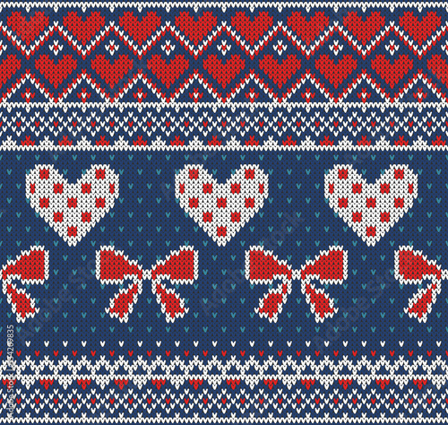 Seamless pattern on the theme of holiday Valentine's Day with an image of the Norwegian and fairisle patterns. Red, white bows and hearts on a blue background. Vector Illustration