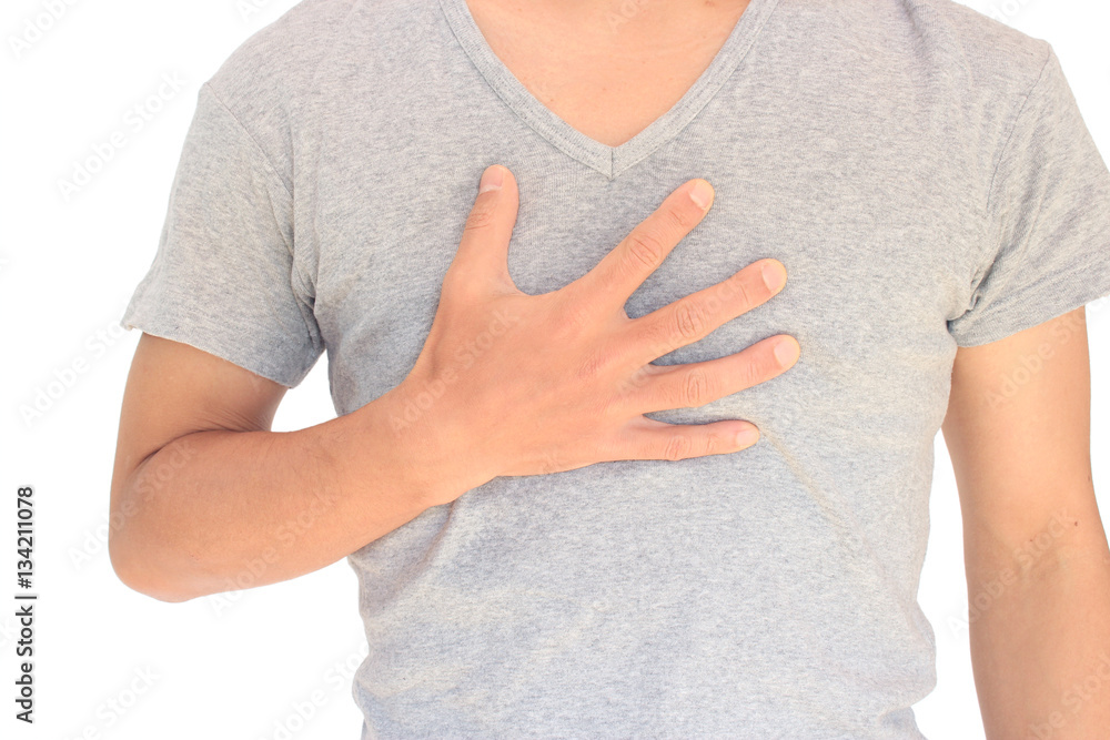 感情がこみ上げて胸に手を当てる男性 man putting his hand on his chest to express his emotion Stock Photo Adobe Stock