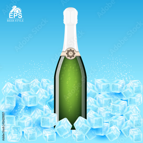 Three realistic mock up bottle of champagne in ice cubes on blue background