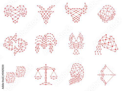 Zodiac Design. Horoscope set: Leo, Virgo, Scorpio, Libra, Aquarius, Sagitarius, Pisces, Capricorn, Taurus, Aries, Gemini, Cancer. Vector illustration.